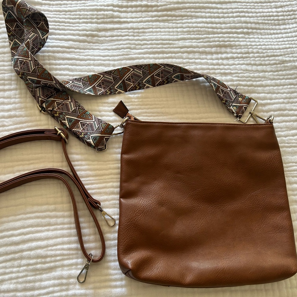 Brown Crossbody Bag with Patterned Strap